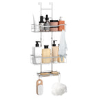 70cm Height Adjustable Over Shower Glass Caddy, 3-Tier Stainless Steel Hanging Bathroom Shelf with Soap Tray & Multi Hooks, Drill-Free Shower Organizer for Bathroom, Shower Stall