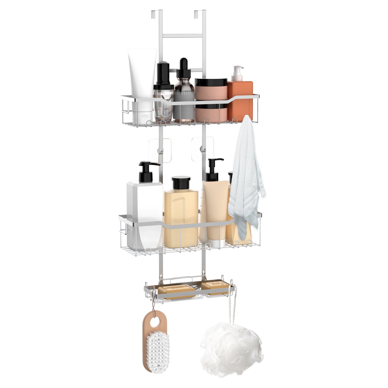 70cm Height Adjustable Over Shower Glass Caddy, 3-Tier Stainless Steel Hanging Bathroom Shelf with Soap Tray & Multi Hooks, Drill-Free Shower Organizer for Bathroom, Shower Stall