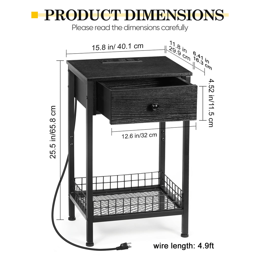 Tall Nightstand with Charging Station, 3-Tier Bedside Table with Storage Drawer & Mesh Basket, Slim End Table for Living Room & Small Spaces,