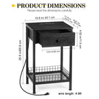 Tall Nightstand with Charging Station, 3-Tier Bedside Table with Storage Drawer & Mesh Basket, Slim End Table for Living Room & Small Spaces,