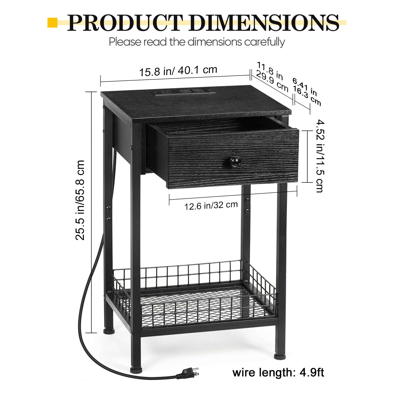 Tall Nightstand with Charging Station, 3-Tier Bedside Table with Storage Drawer & Mesh Basket, Slim End Table for Living Room & Small Spaces,