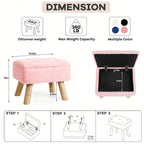 Small Storage Ottoman Foot Stool, Pink Faux Teddy Fur Footrest Stool with Wooden Legs, Multi-Purpose Shoe Changing Bench for Living Room, Bedroom, Entryway, Office