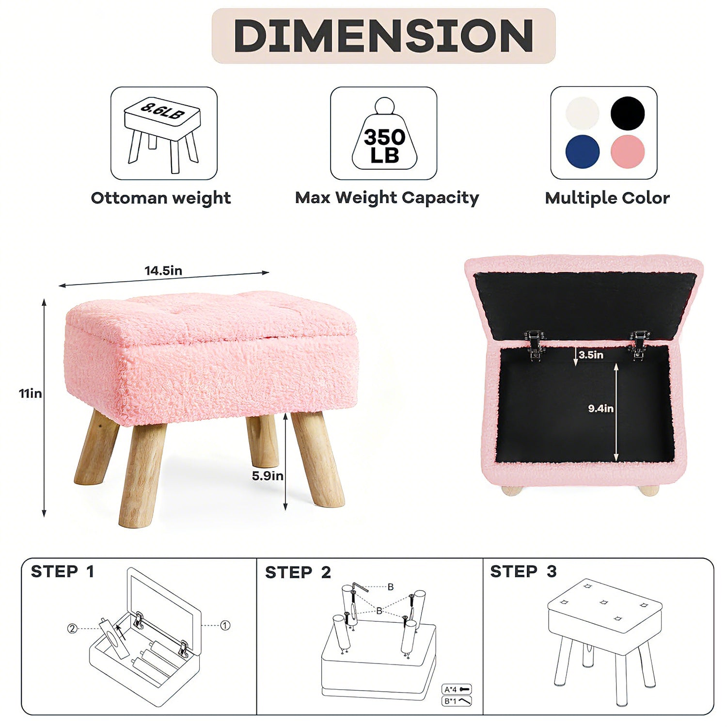 Small Storage Ottoman Foot Stool, Pink Faux Teddy Fur Footrest Stool with Wooden Legs, Multi-Purpose Shoe Changing Bench for Living Room, Bedroom, Entryway, Office