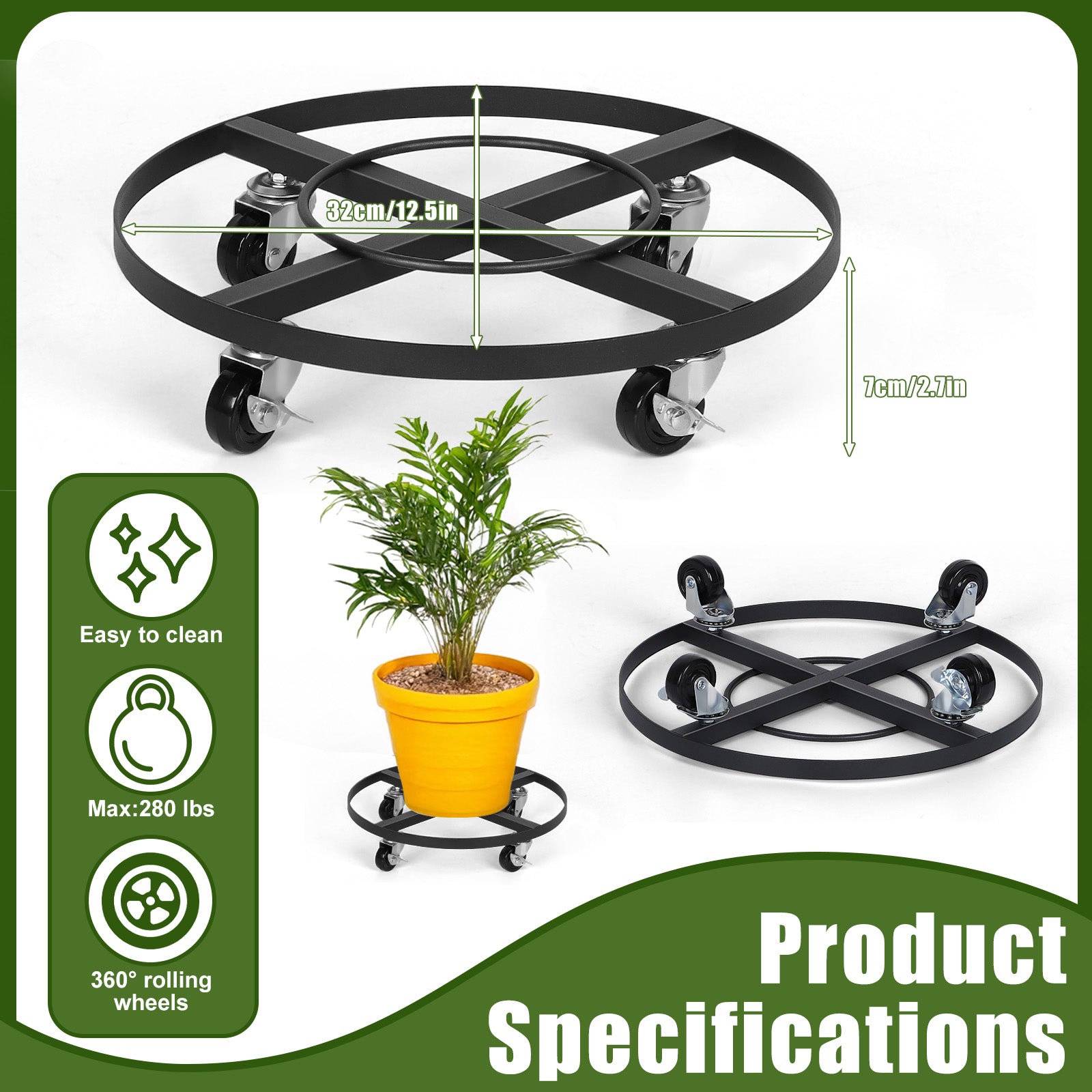 2-Pack Heavy Duty Metal Plant Caddy with 360Â¡Ã£ Wheels