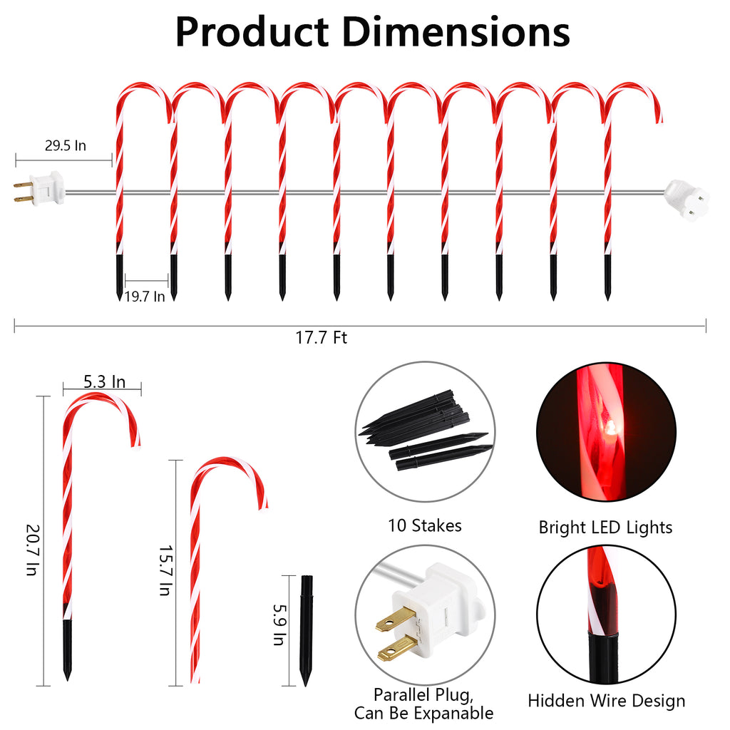10 Pack 21" Candy Cane Lights Outdoor Pathway Markers - 60 LED Xmas Walkway Decorations w/ Stake