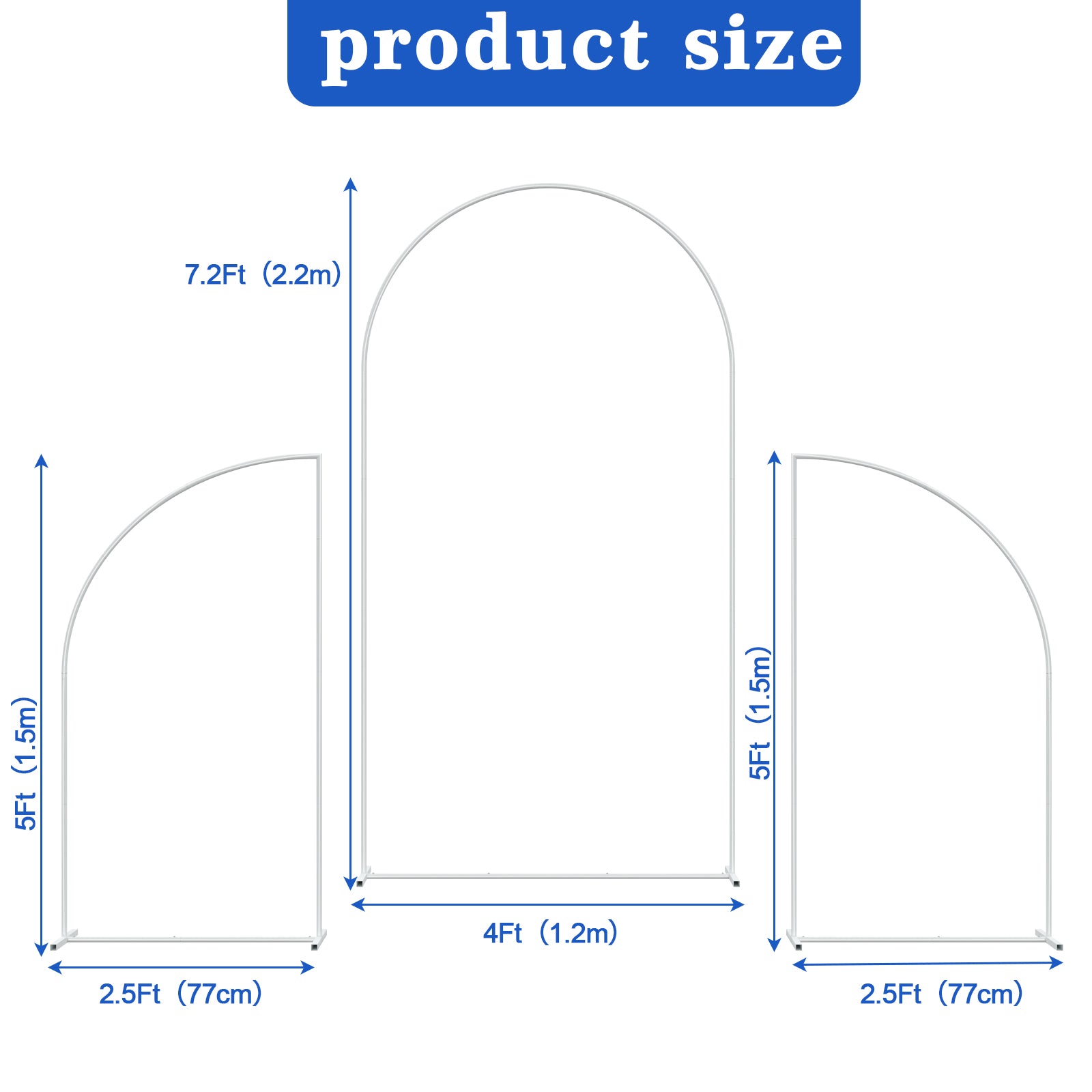 Set of 3 Metal Arch Backdrop Stand, 7.2FT & 2PCS 5FT White Arched Wedding Arch Frame, Heavy Duty Round Pipe Balloon Flower Arch Stand for Wedding Birthday Baby Shower Graduation Ceremony Party Decor