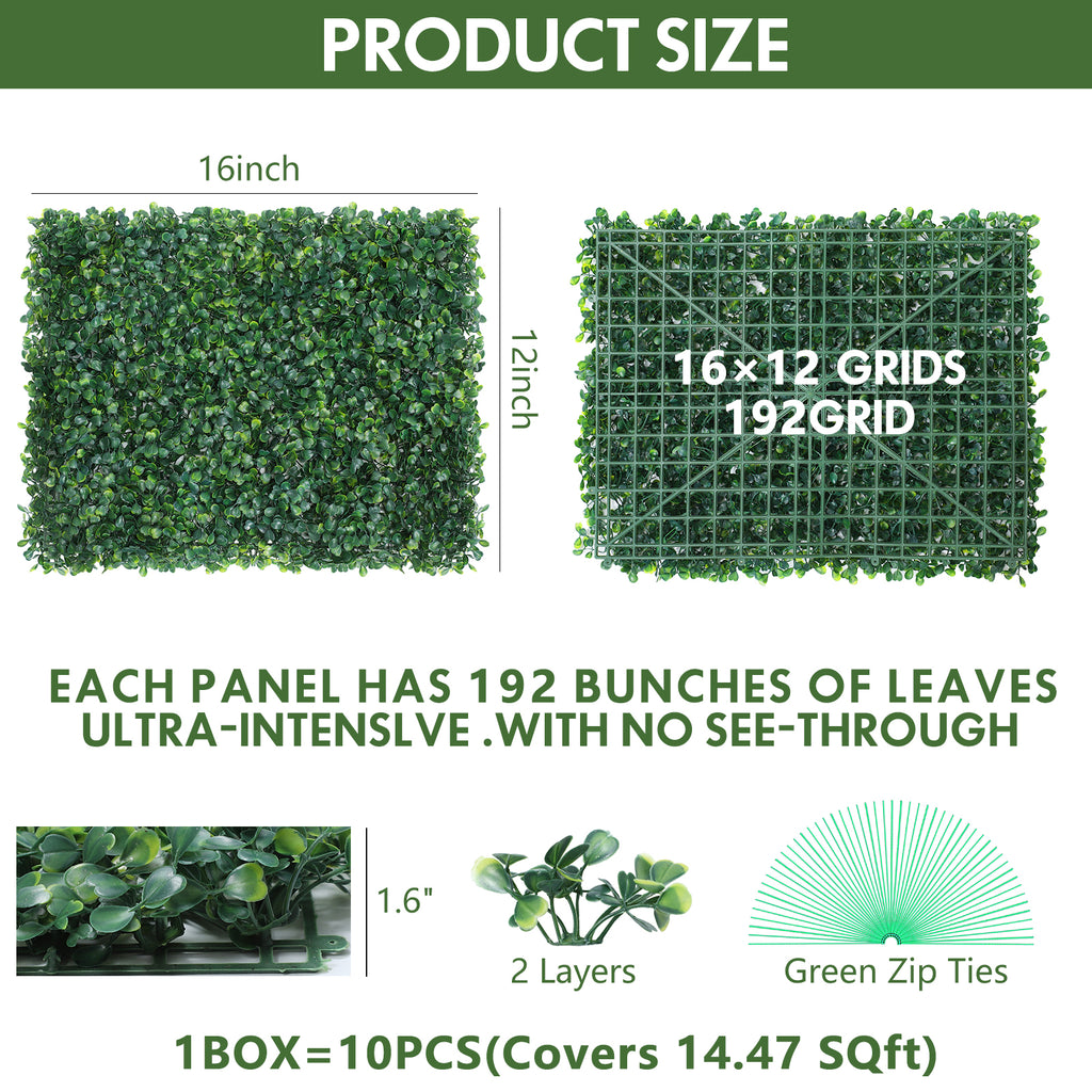 10-Pack 16inch x 12inch Artificial Grass Wall Panels - PE Boxwood Hedge Backdrop for Fence & Garden