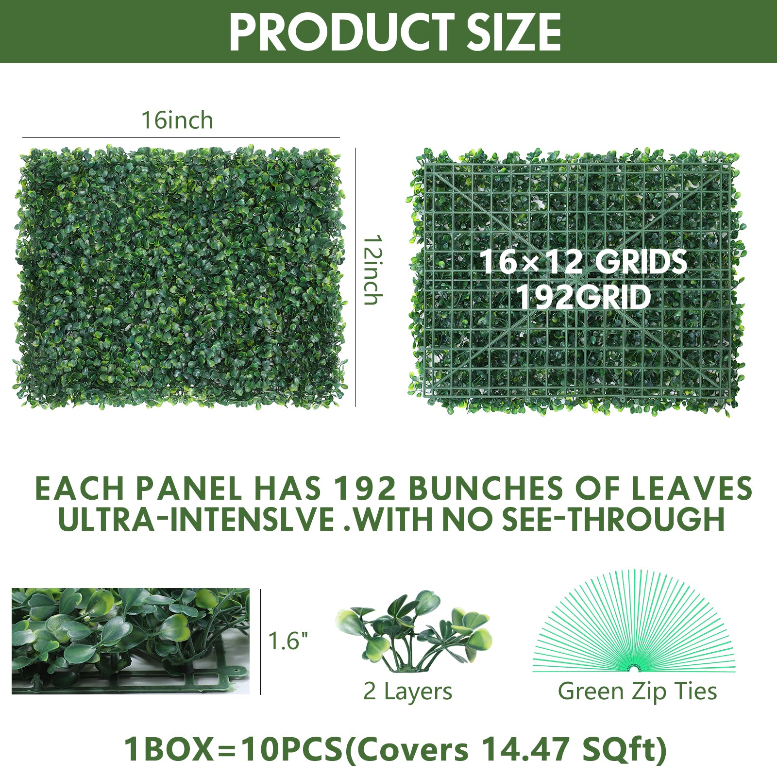 10-Pack 16inch x 12inch Artificial Grass Wall Panels - PE Boxwood Hedge Backdrop for Fence & Garden