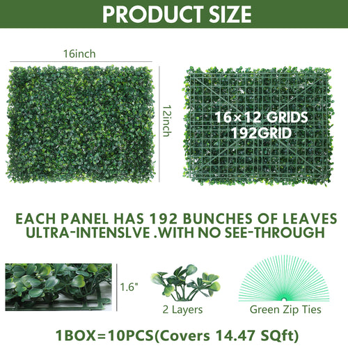 10-Pack 16inch x 12inch Artificial Grass Wall Panels - PE Boxwood Hedge Backdrop for Fence & Garden