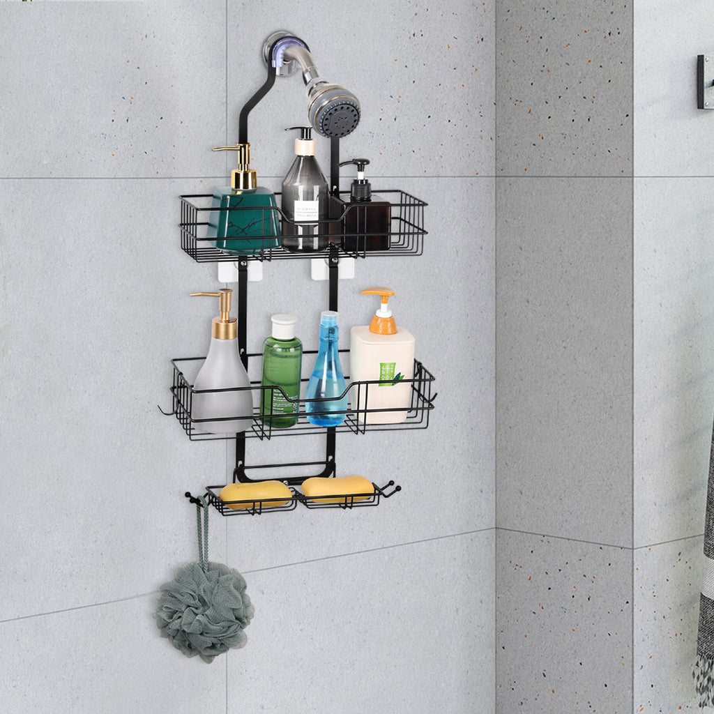 3-Tier Hanging Shower Caddy, Over the Shower Head Bathroom Organizer with Soap Dish & Hooks