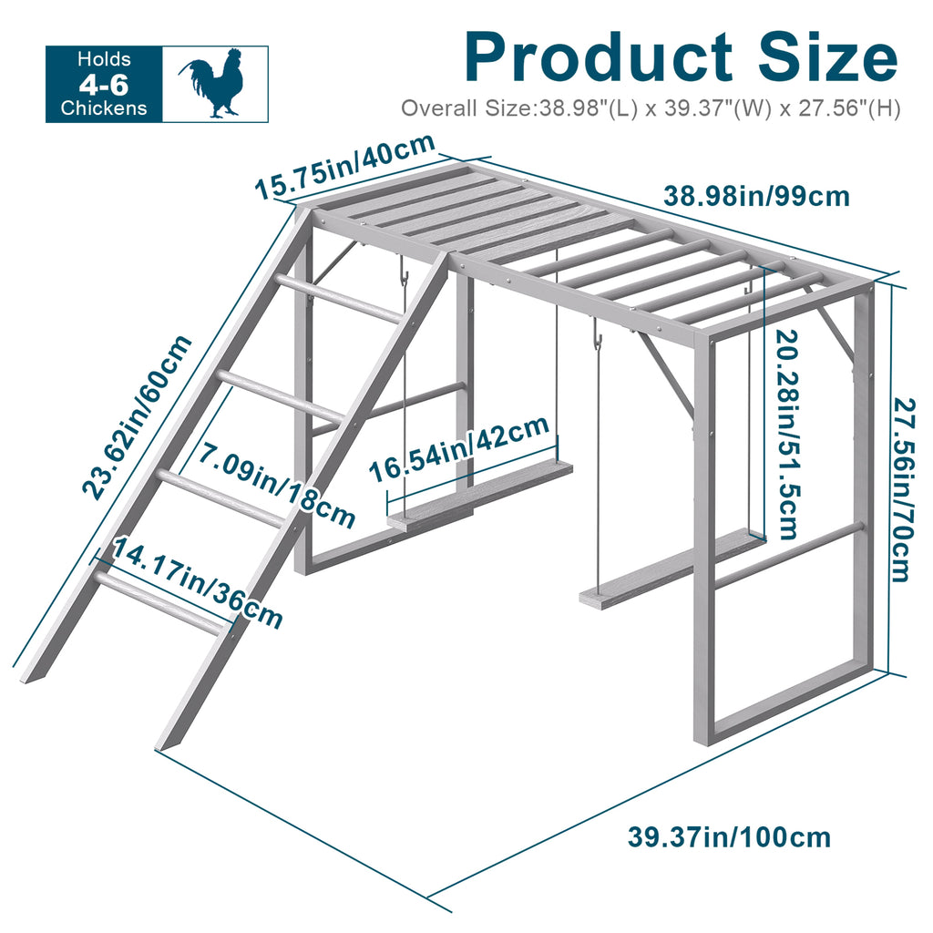 Chicken Perch Playground with Swing Set, Grey Wooden Chicken Activity Toy with Roosting Bars, Ladder & Swings for Coop, Holds 4-6 Chickens