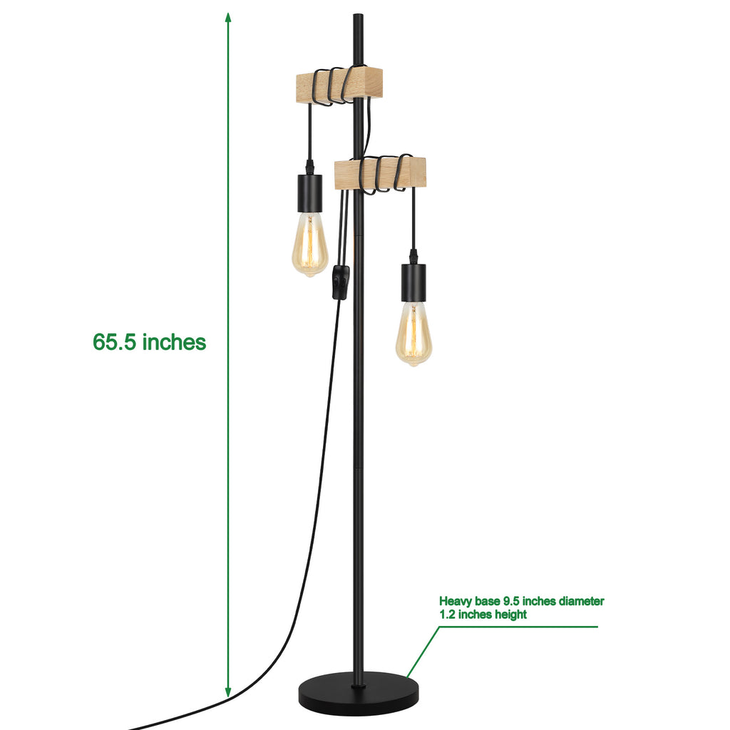 66 Inch Rustic Wood Floor Lamp - Industrial Farmhouse Standing Edison Light for Living Room, Bedroom, and Home Office Reading