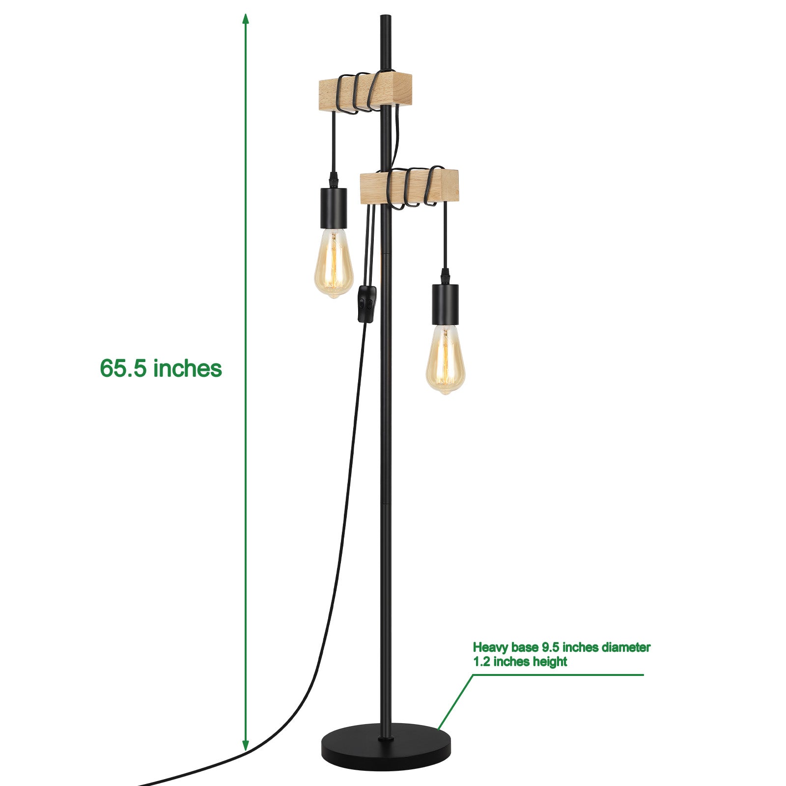 66 Inch Rustic Wood Floor Lamp - Industrial Farmhouse Standing Edison Light for Living Room, Bedroom, and Home Office Reading