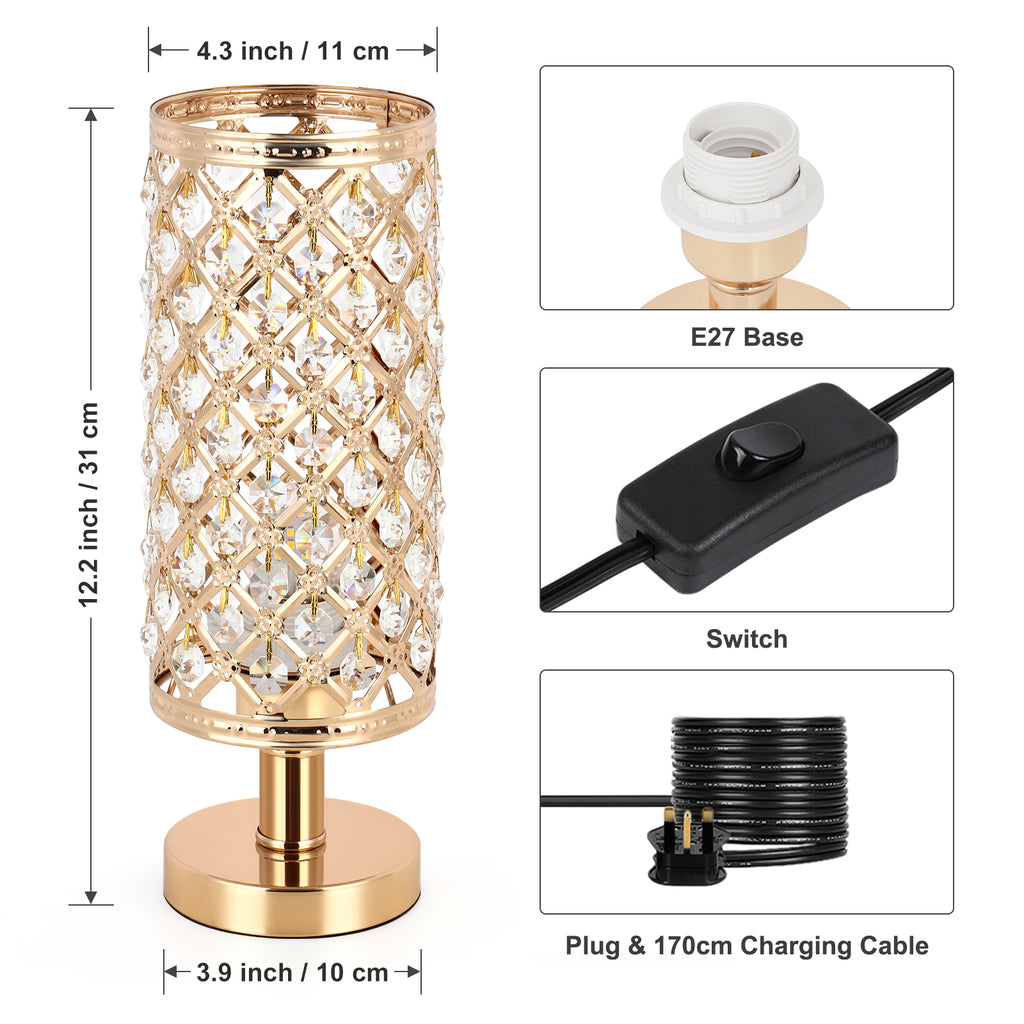 Luxury Gold K9 Crystal Table Lamp, Modern Decorative Nightstand Lamp with Hollow Metal Base for Bedroom