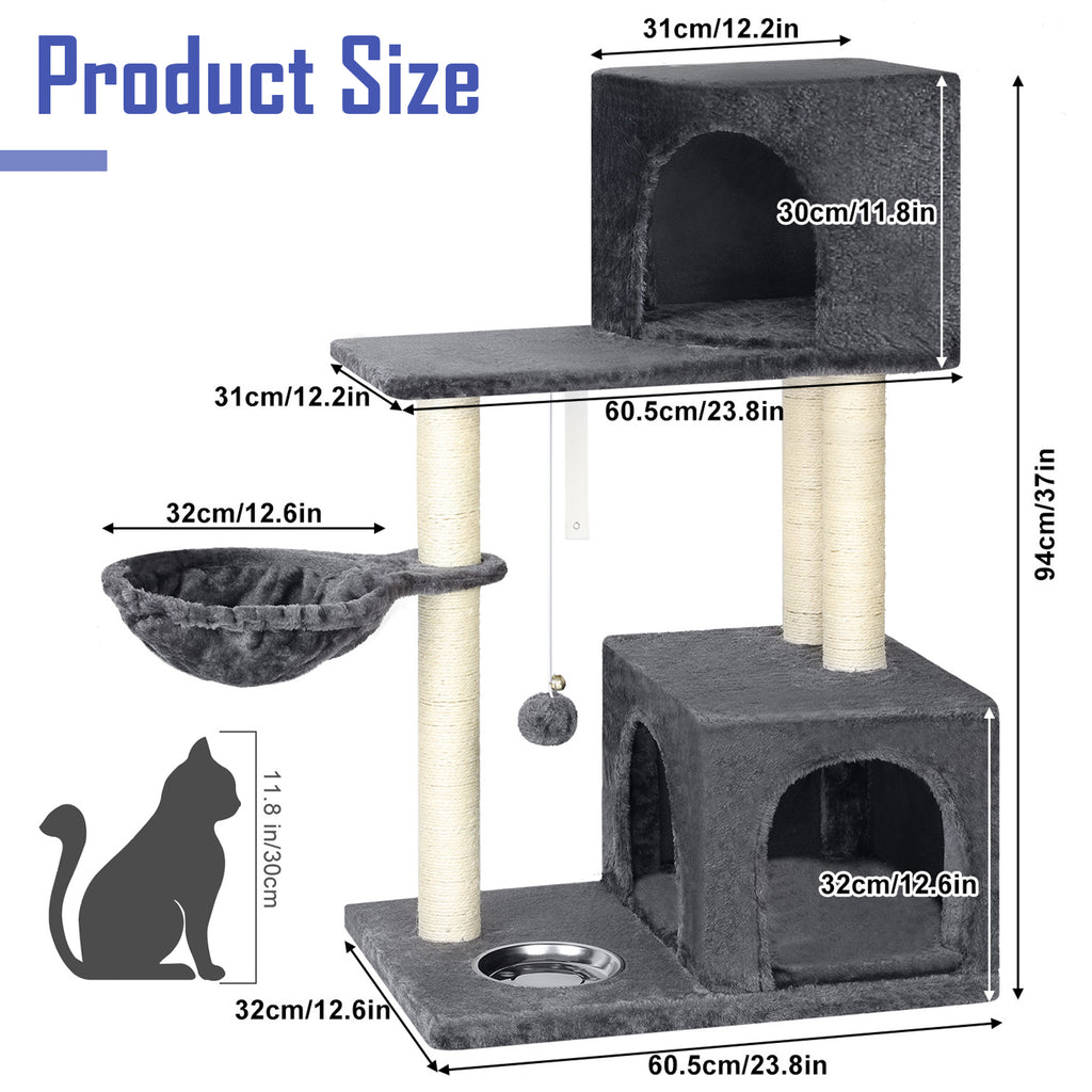 37'' Multi-Level Cat Tree Condo - Plush Activity Center with Scratching Posts, Hammock, and Feeding Bowl