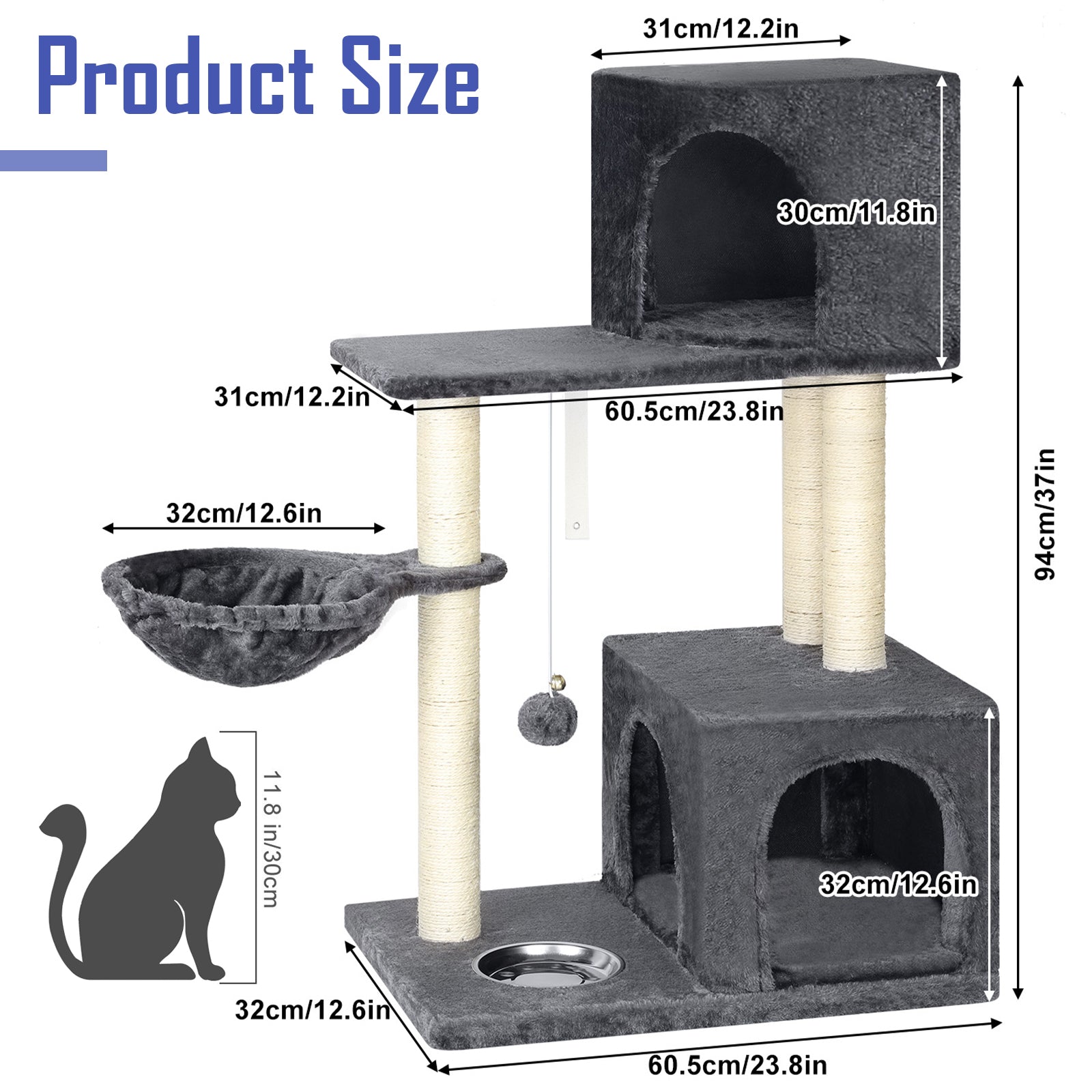 37'' Multi-Level Cat Tree Condo - Plush Activity Center with Scratching Posts, Hammock, and Feeding Bowl