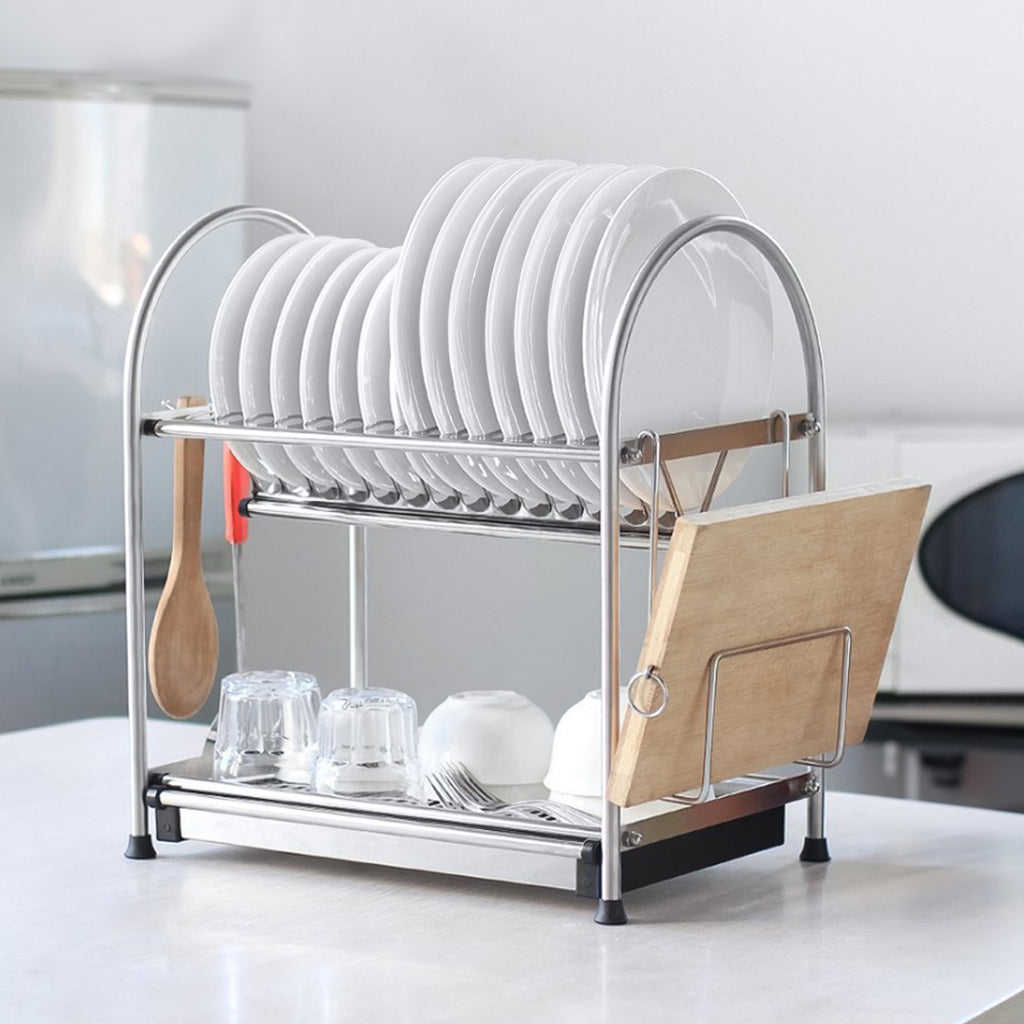 2-Tier Stainless Steel Dish Drying Rack with Drainboard, Space-Saving Kitchen Counter Organizer