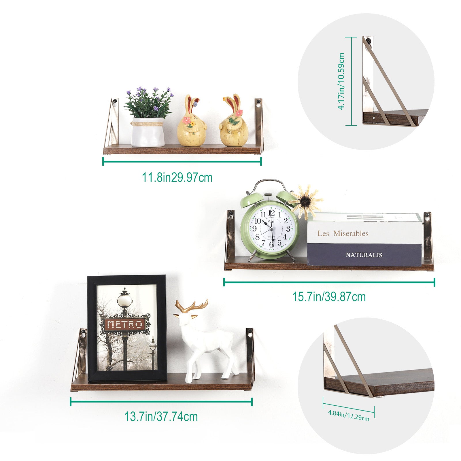 Rustic Brown Floating Wall Shelves with Metal Frame - 3-Piece Set for Bathroom, Kitchen, and Living Room