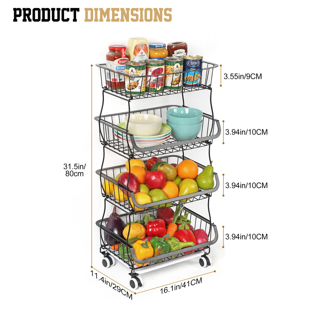 4-Tier Wire Rolling Fruit, Veggie Storage Cart: Space-Saving Sleek Organizer for Kitchen Counter, Pantry (with Wheels for Easy Mobility£©