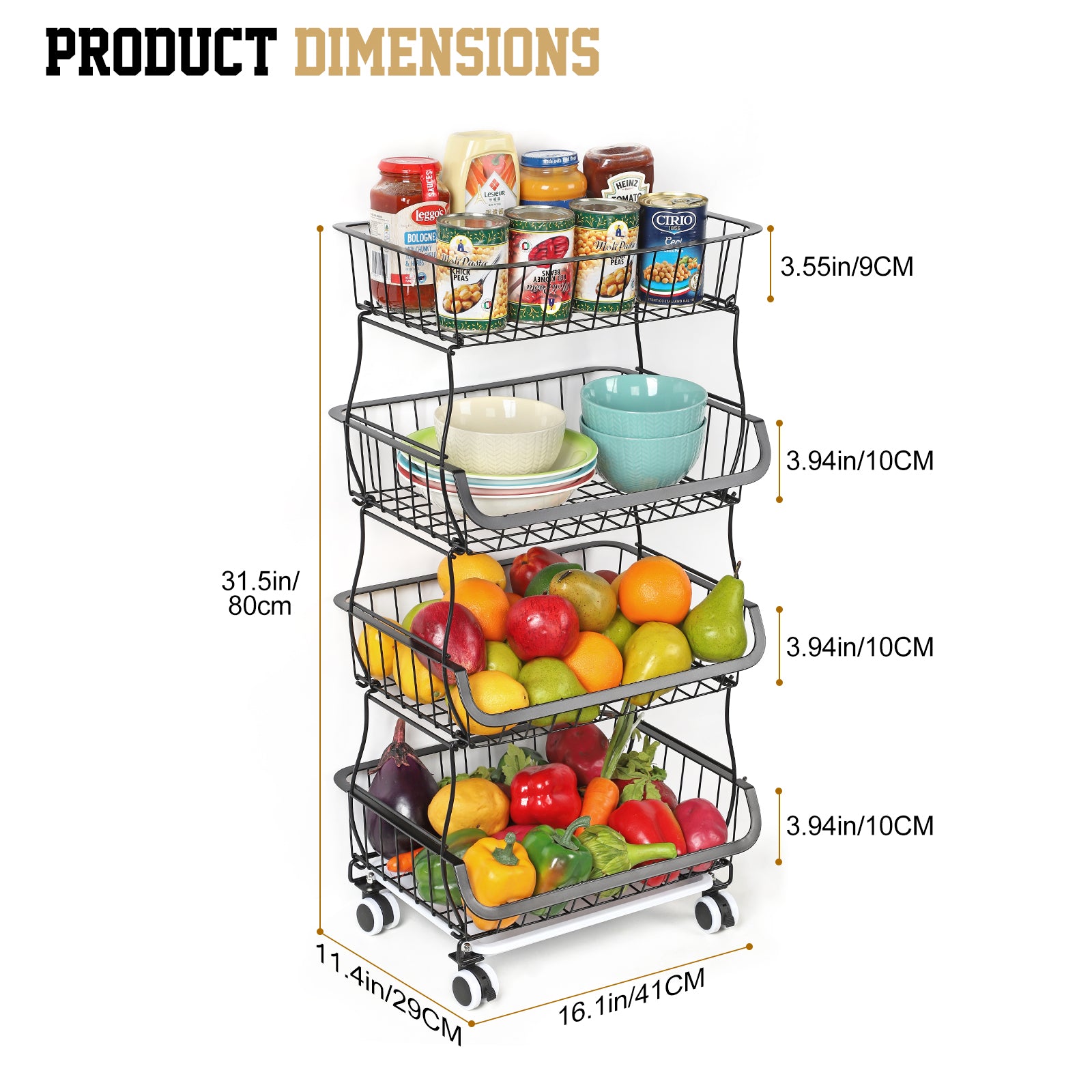4-Tier Wire Rolling Fruit, Veggie Storage Cart: Space-Saving Sleek Organizer for Kitchen Counter, Pantry (with Wheels for Easy Mobility£©