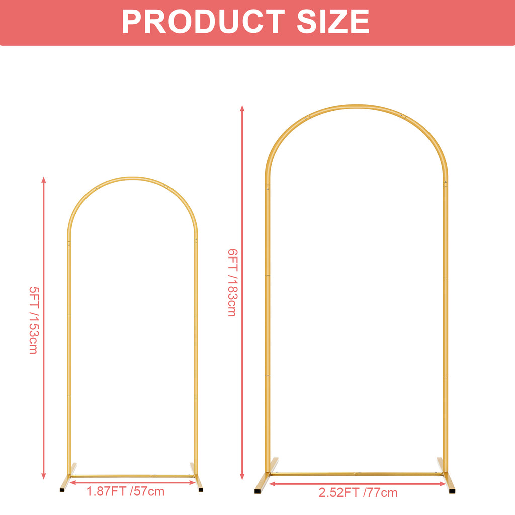 2-Piece Gold Wedding Arch Set (5ft/6ft), Nested Metal Backdrop Stands for Party & Event Decor
