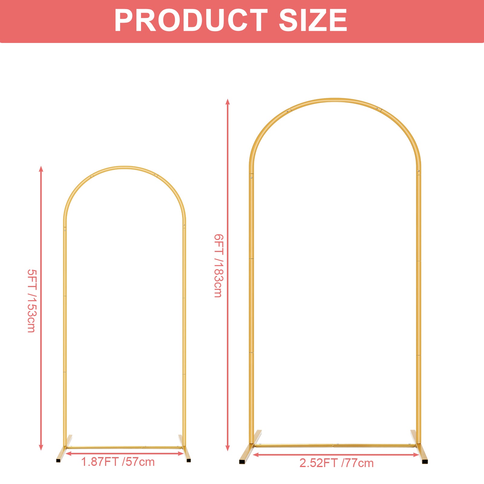 2-Piece Gold Wedding Arch Set (5ft/6ft), Nested Metal Backdrop Stands for Party & Event Decor