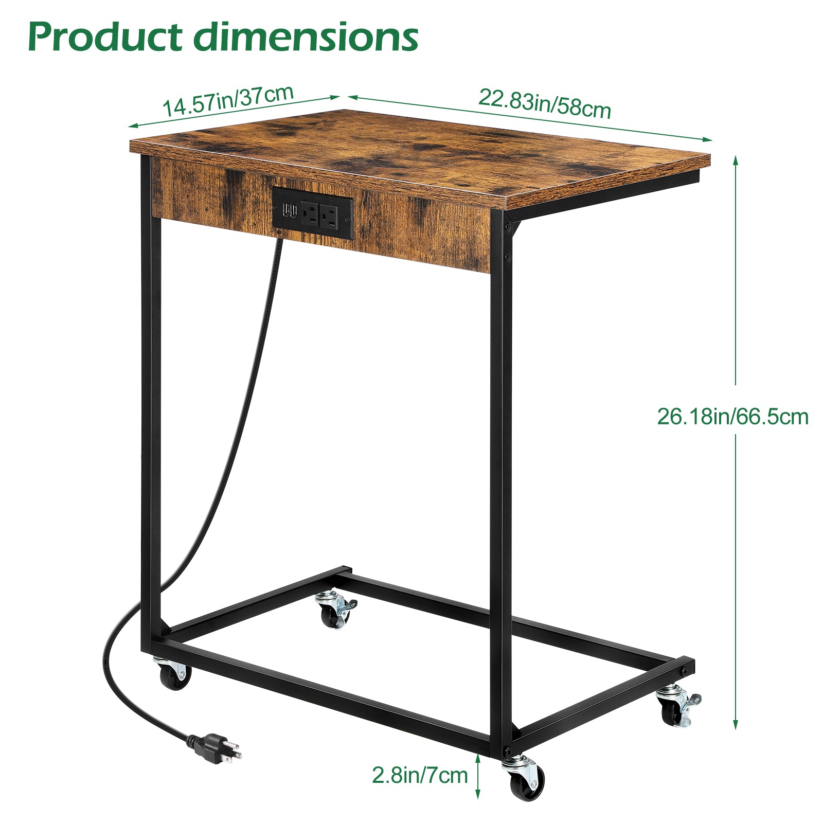 Set of 2 C-Shaped Side Tables with Wheels & Charging - Mobile Snack Trays for Couch, Industrial Brown