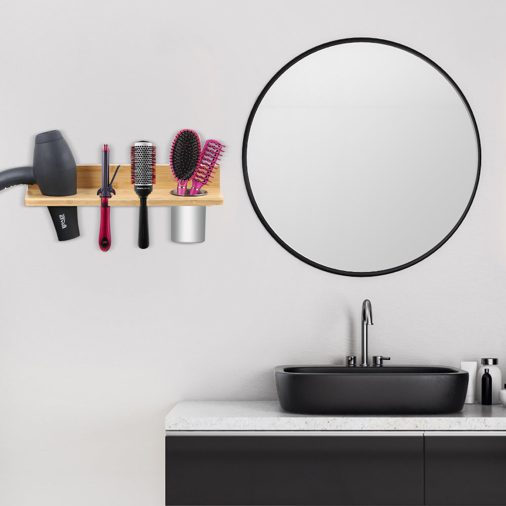 Wall Mount Bamboo Hair Dryer Holder, Multi-Slot Hair Styling Tool Storage Organizer, Hanging Bathroom Caddy for Blow Dryer, Curling Wand, Hair Brush with Detachable Metal Cup