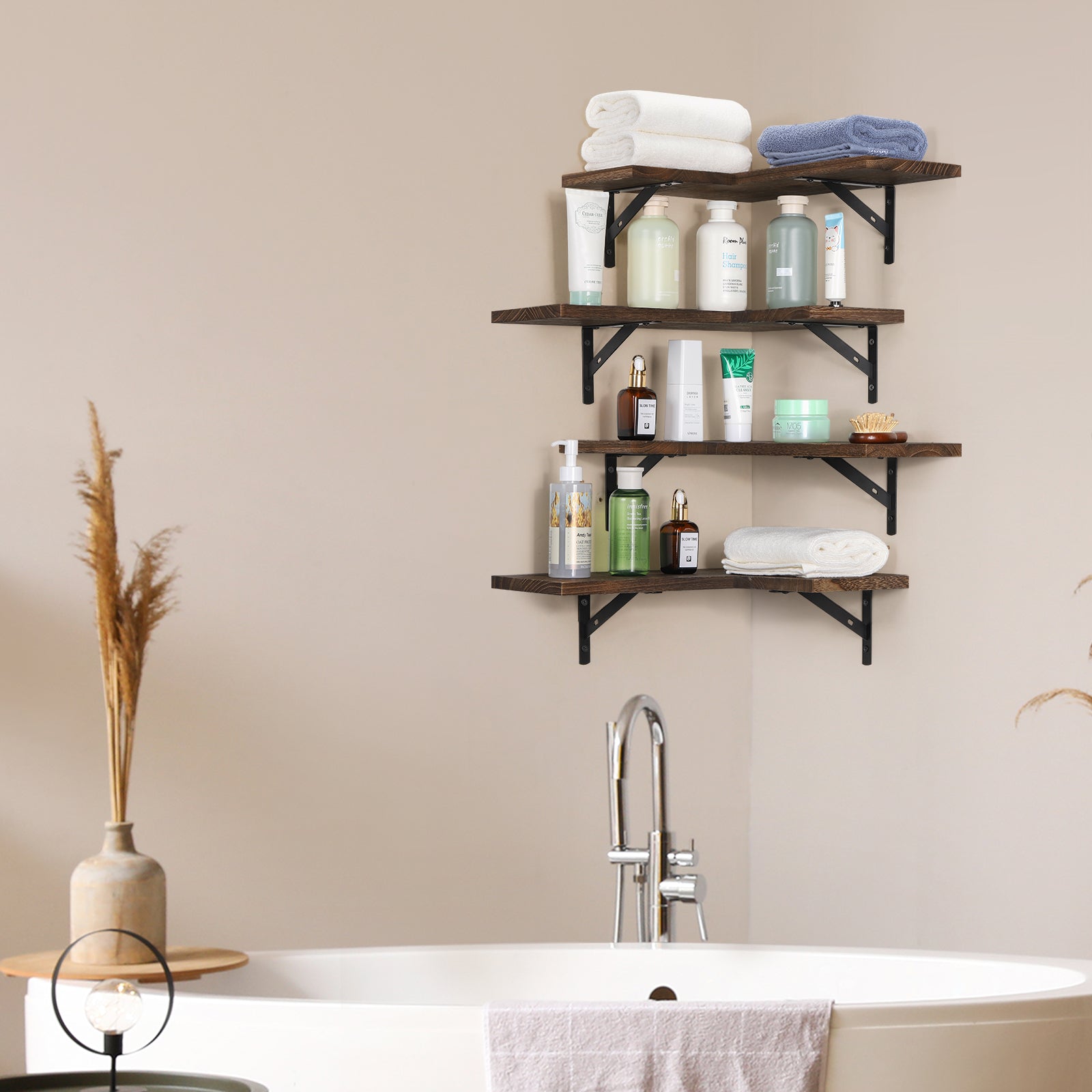 Set of 4 Rustic Floating Corner Shelves - L-Shaped Wood Wall Storage Organizers - Decorative Display Shelves for Bedroom, Living Room & Office