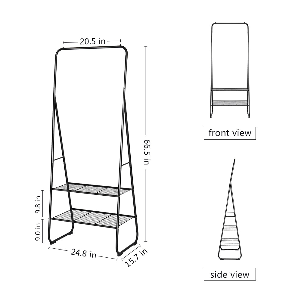Minimalist A-Frame Garment Rack - Black Metal Clothes Hanging Stand with 2 Lower Storage Shelves