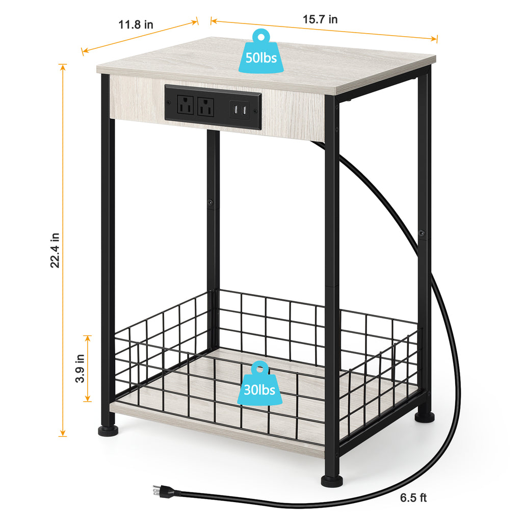 Modern Nightstands End Table with Charging Station Bedside Table Bedroom with Storage Basket Farmhouse Night Stand with for Bedroom Living Room Office