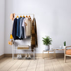White Freestanding Coat Rack with 2-Tier Shoe Shelves, Metal Clothing Garment Rack for Bedroom & Entryway,