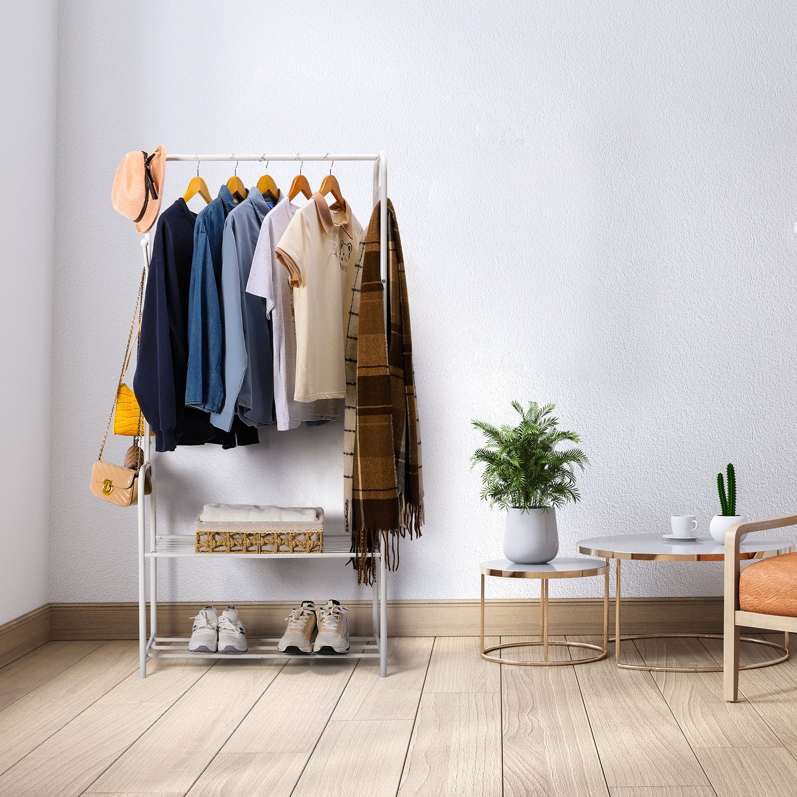 White Freestanding Coat Rack with 2-Tier Shoe Shelves, Metal Clothing Garment Rack for Bedroom & Entryway,