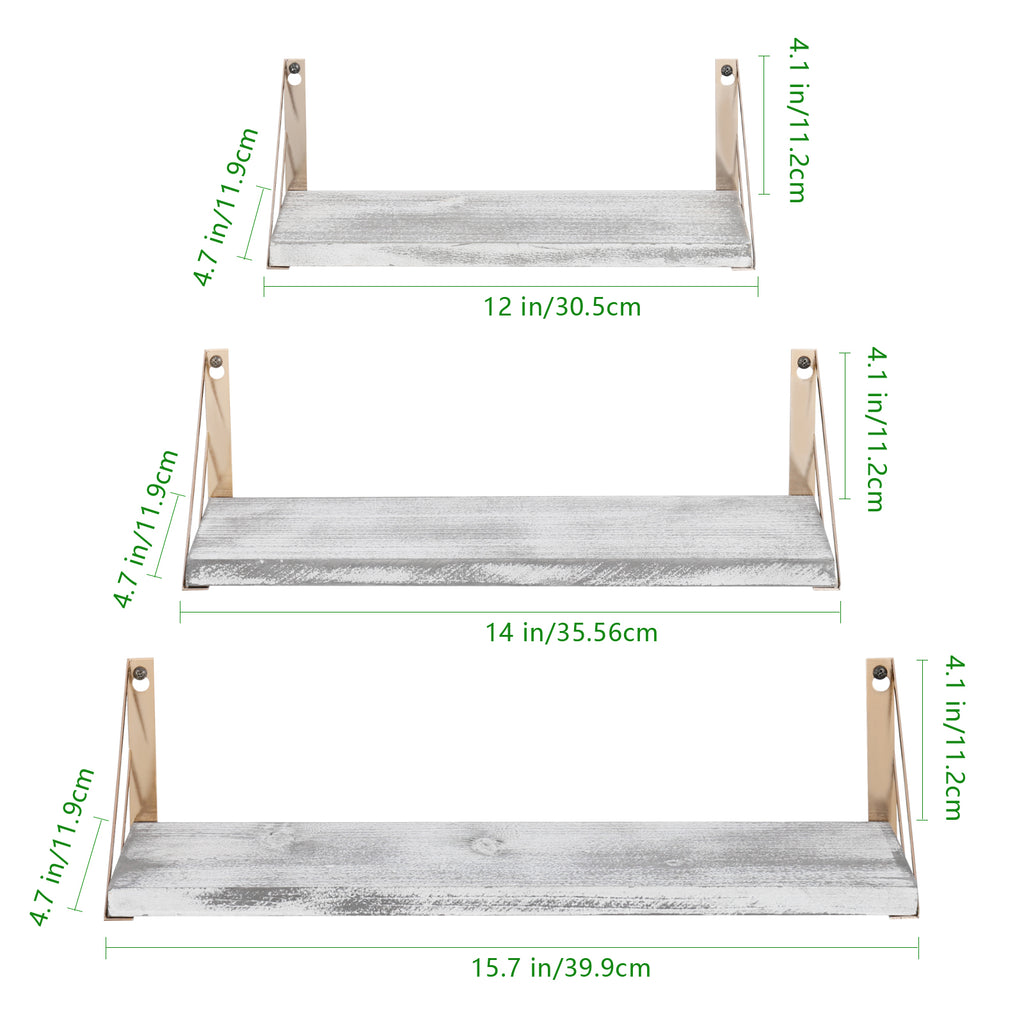 Distressed Wood Floating Wall Shelves with Gold Brackets - Decorative 3-Piece Set for Plants and Room Decor