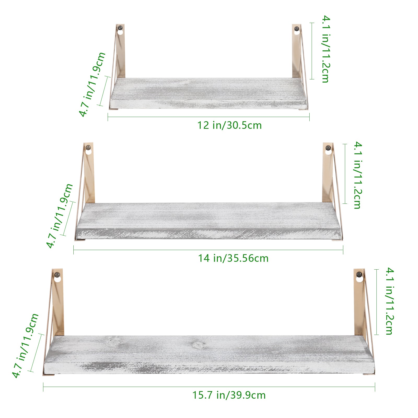 Distressed Wood Floating Wall Shelves with Gold Brackets - Decorative 3-Piece Set for Plants and Room Decor