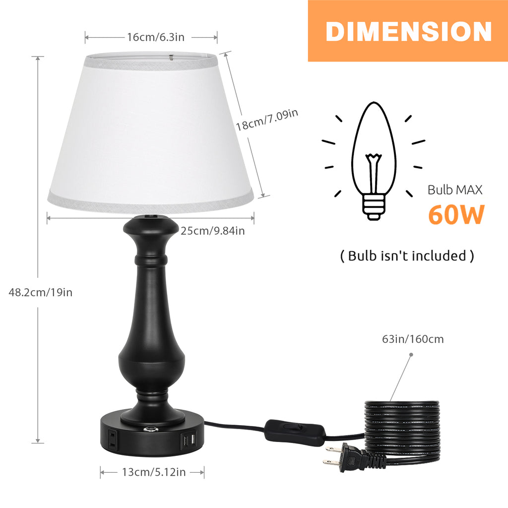 19" Small Table Lamp for Bedroom - Bedside Lamps with USB Ports & AC Outlet for Nightstand, Touch Control Black Table Lamp for Living Room with Fabric Shade, Desk Reading Lamp for Living Room Office Dorm, Set of 2