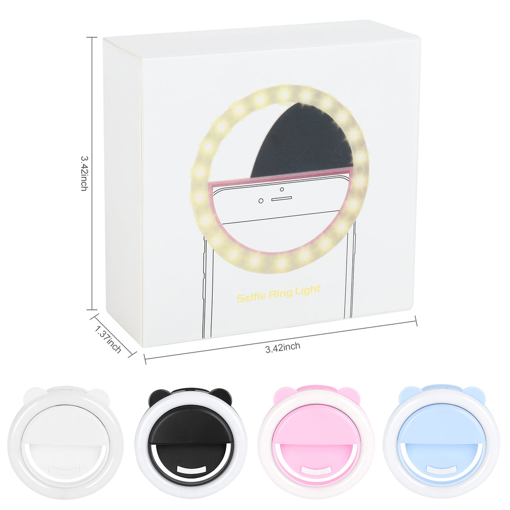Bear Ear Selfie Ring Light - Portable Clip-on LED Fill Light - USB Rechargeable with 3 Brightness Levels,