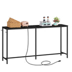 Narrow Entryway Console Table with Power Outlet and USB Ports - Sleek Black Sofa Table with Integrated Charging Station and Utility Hooks for Hallway and Living Room Decor