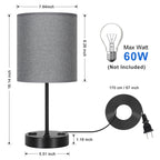 Set of 2 Grey Fabric Shade Nightstand Lamps with Integrated Dual USB Ports and AC Outlet, Modern Black Metal Desk Lighting for Home Office and Bedroom