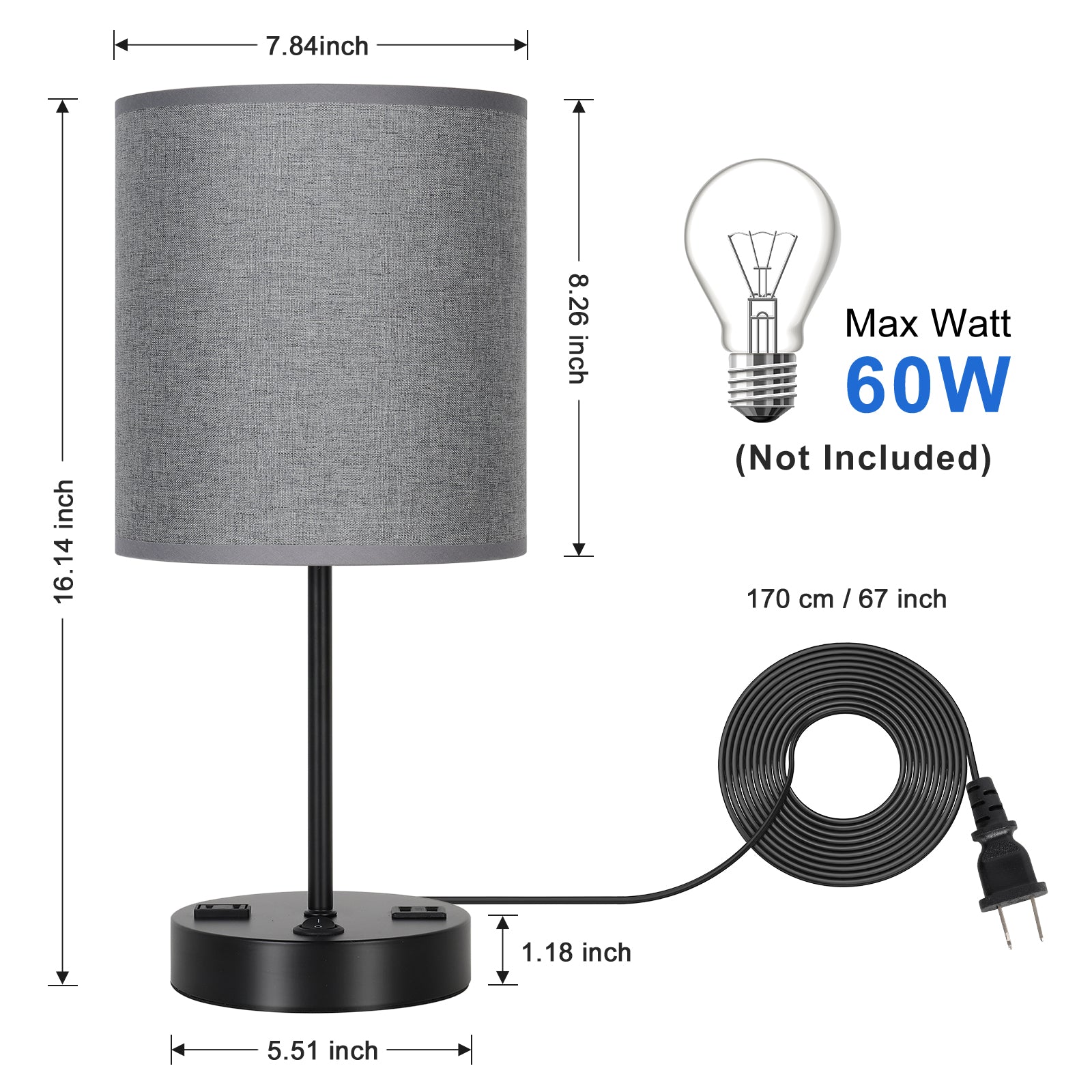 Set of 2 Grey Fabric Shade Nightstand Lamps with Integrated Dual USB Ports and AC Outlet, Modern Black Metal Desk Lighting for Home Office and Bedroom