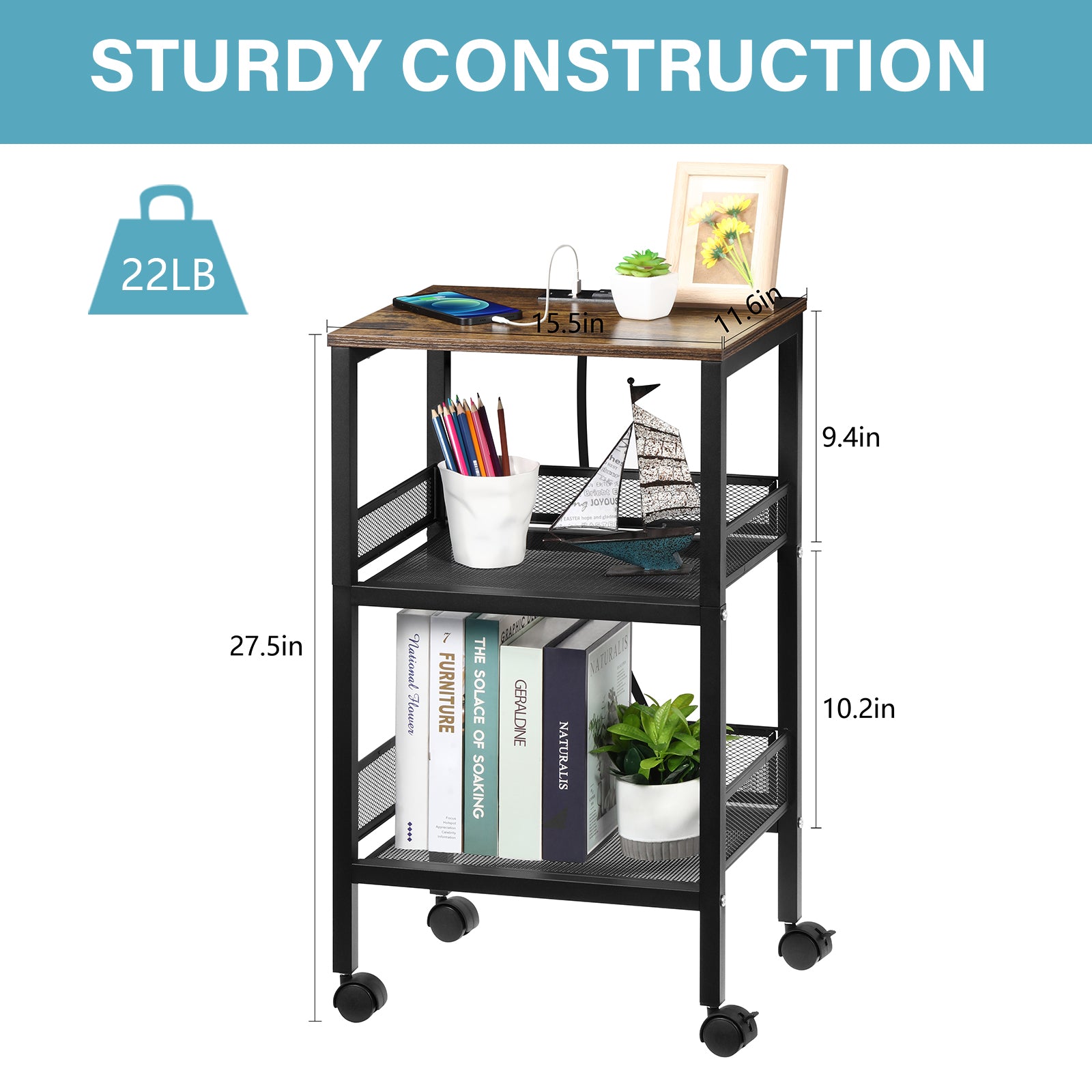 3-Tier Tall End Table with Charging Station - Sofa Side Table with USB Ports and Power Outlets, Rustic Brown