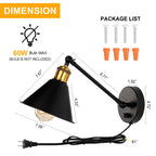 Set of 2 Adjustable Swing Arm Wall Sconces, Dimmable Plug-In Mounted Lighting Fixtures in Black and Brass for Bedroom or Living Room (Bulbs Not Included)