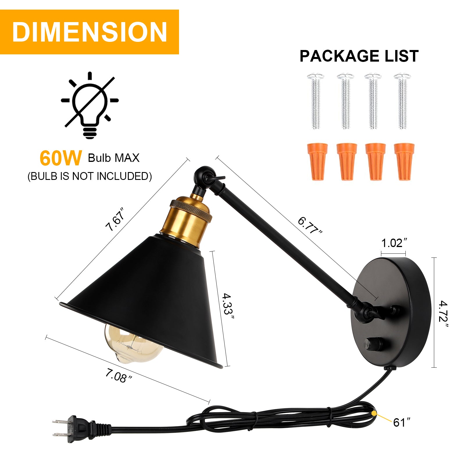 Set of 2 Adjustable Swing Arm Wall Sconces, Dimmable Plug-In Mounted Lighting Fixtures in Black and Brass for Bedroom or Living Room (Bulbs Not Included)