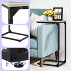 Industrial C-Shaped Side Table, Greige Wood Look Bedside Tray with Metal Frame for Couch and Sofa, Space-Saving Laptop and Snack Stand for Living Room and Bedroom