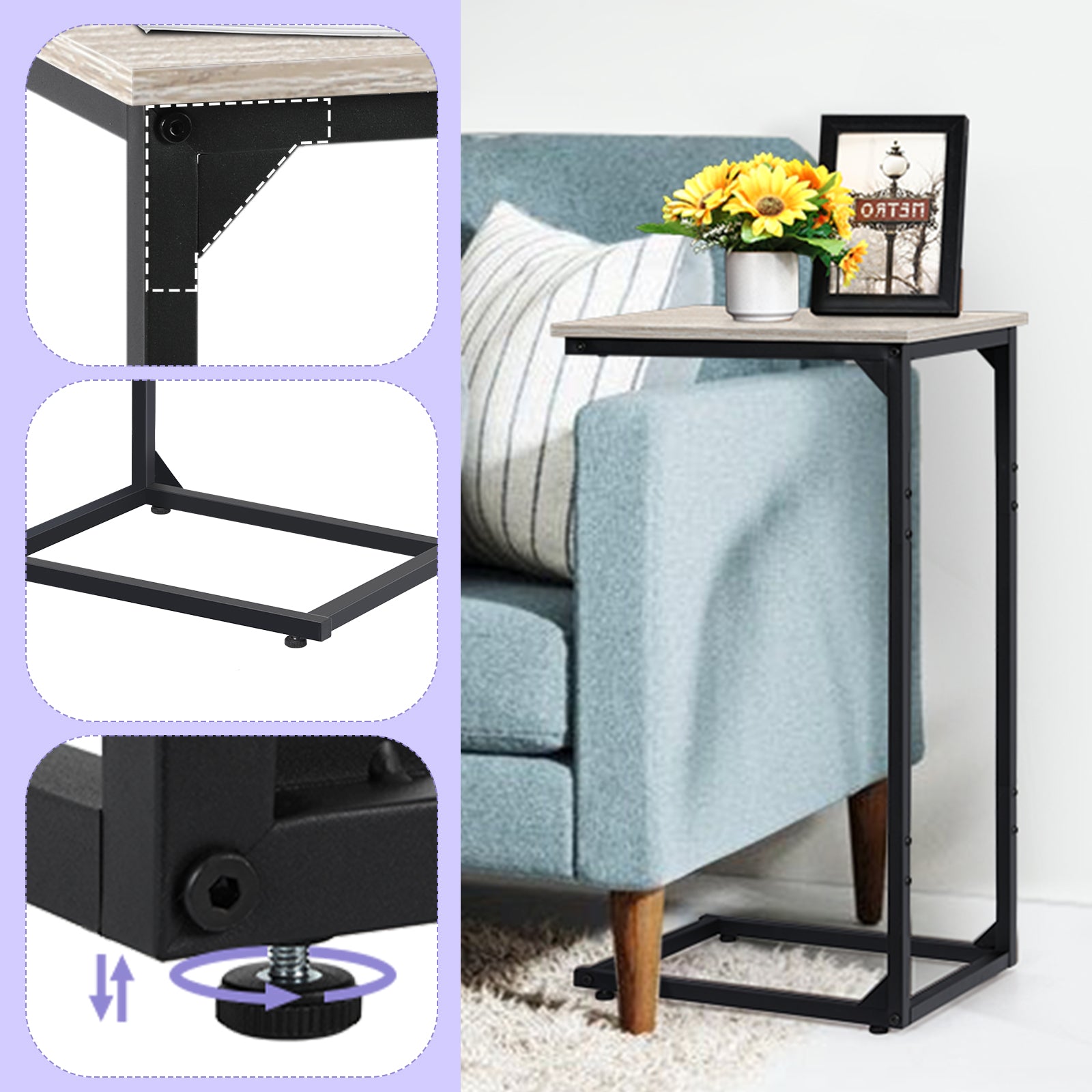 Industrial C-Shaped Side Table, Greige Wood Look Bedside Tray with Metal Frame for Couch and Sofa, Space-Saving Laptop and Snack Stand for Living Room and Bedroom
