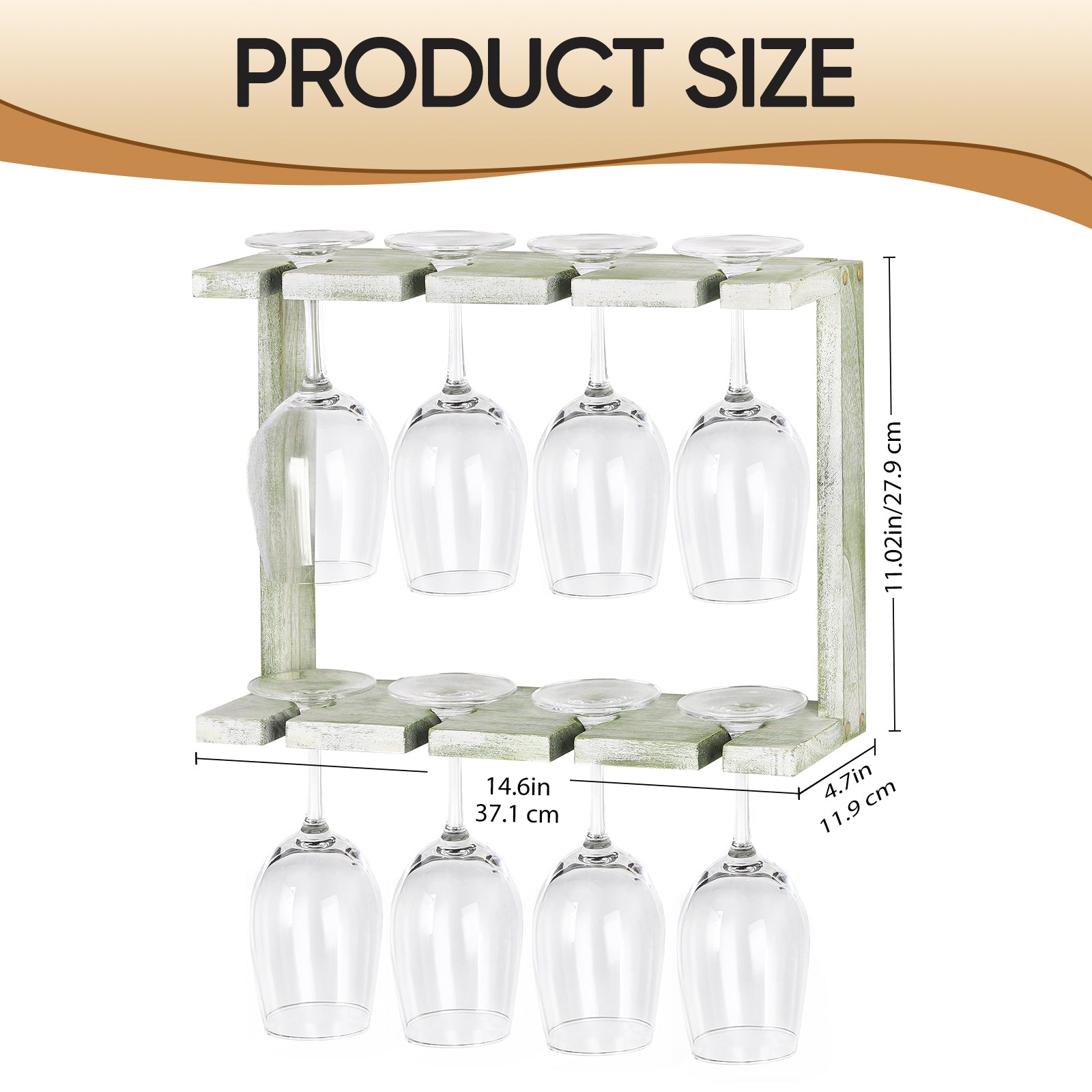 Wine Glass Rack Wall Mounted with Wood 2-Tier Champagne Holder Wall Stemware Storage Rack Set of 2 Hanging Goblet Holder Shelf for Bar, Kitchen, 16 Wine Glass Organizer, Olive Green