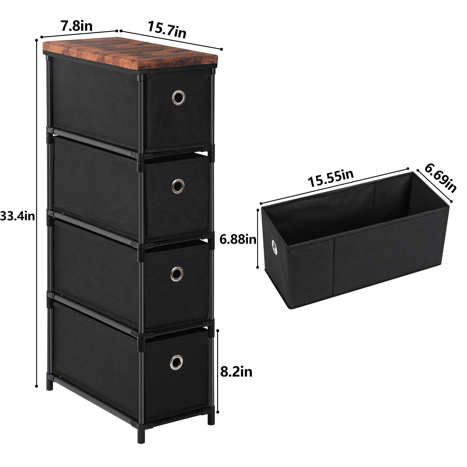 Slim 4-Drawer Fabric Storage Tower, Compact Black Vertical Dresser and Nightstand for Small Spaces, Versatile End Table for Bedroom, Living Room, or Office