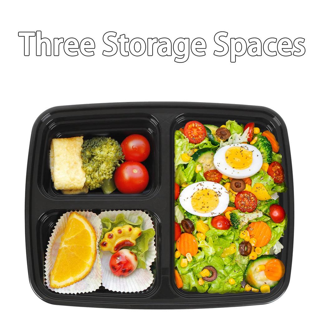 50-Pack 3-Compartment Meal Prep Containers - 38oz Reusable Plastic Bento Boxes - Portion Control Storage for Healthy Meals