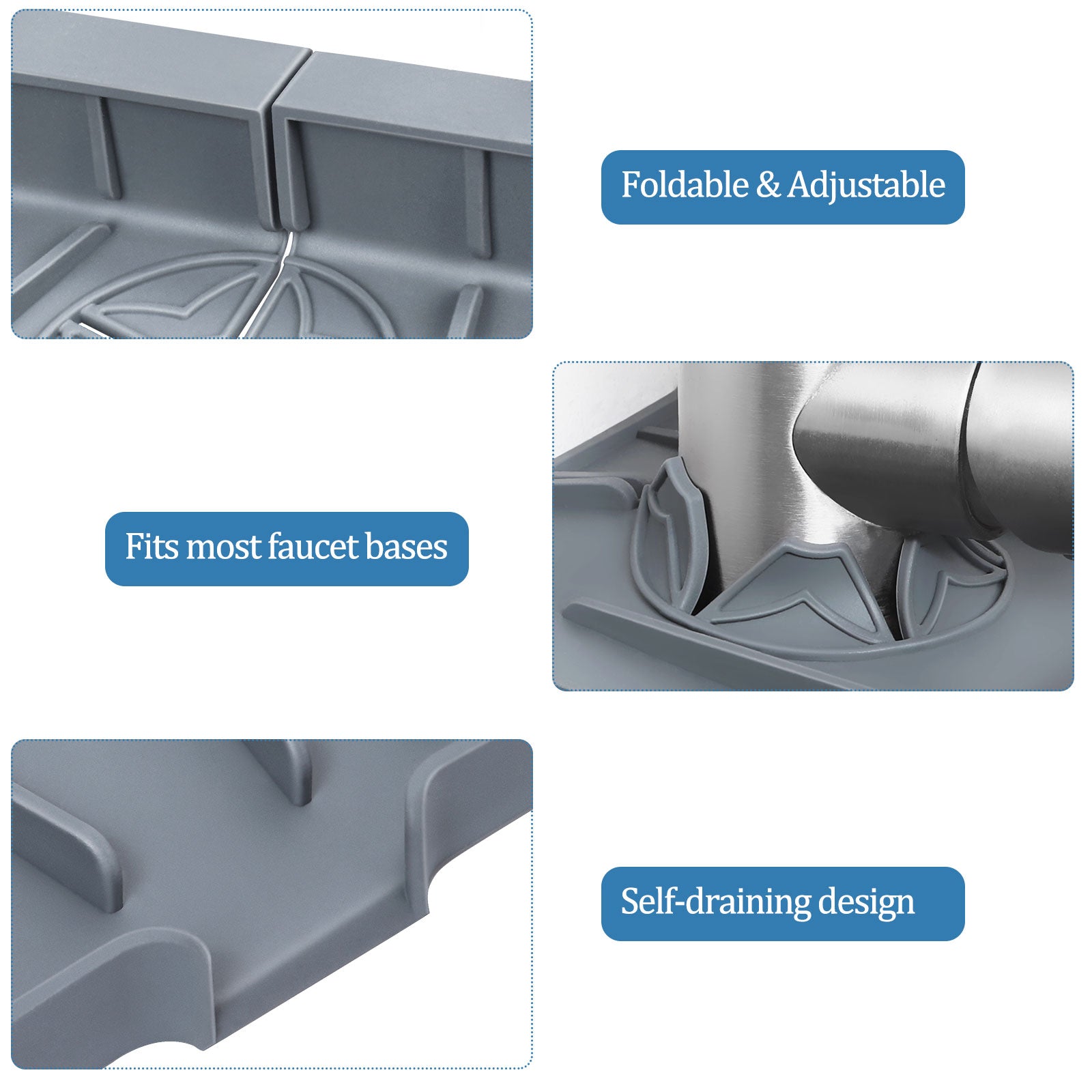 2-Piece Silicone Basin Faucet Mat, Protective Countertop Drip Catcher and Splash Guard Set for Kitchen and Bathroom Fixtures (Grey)