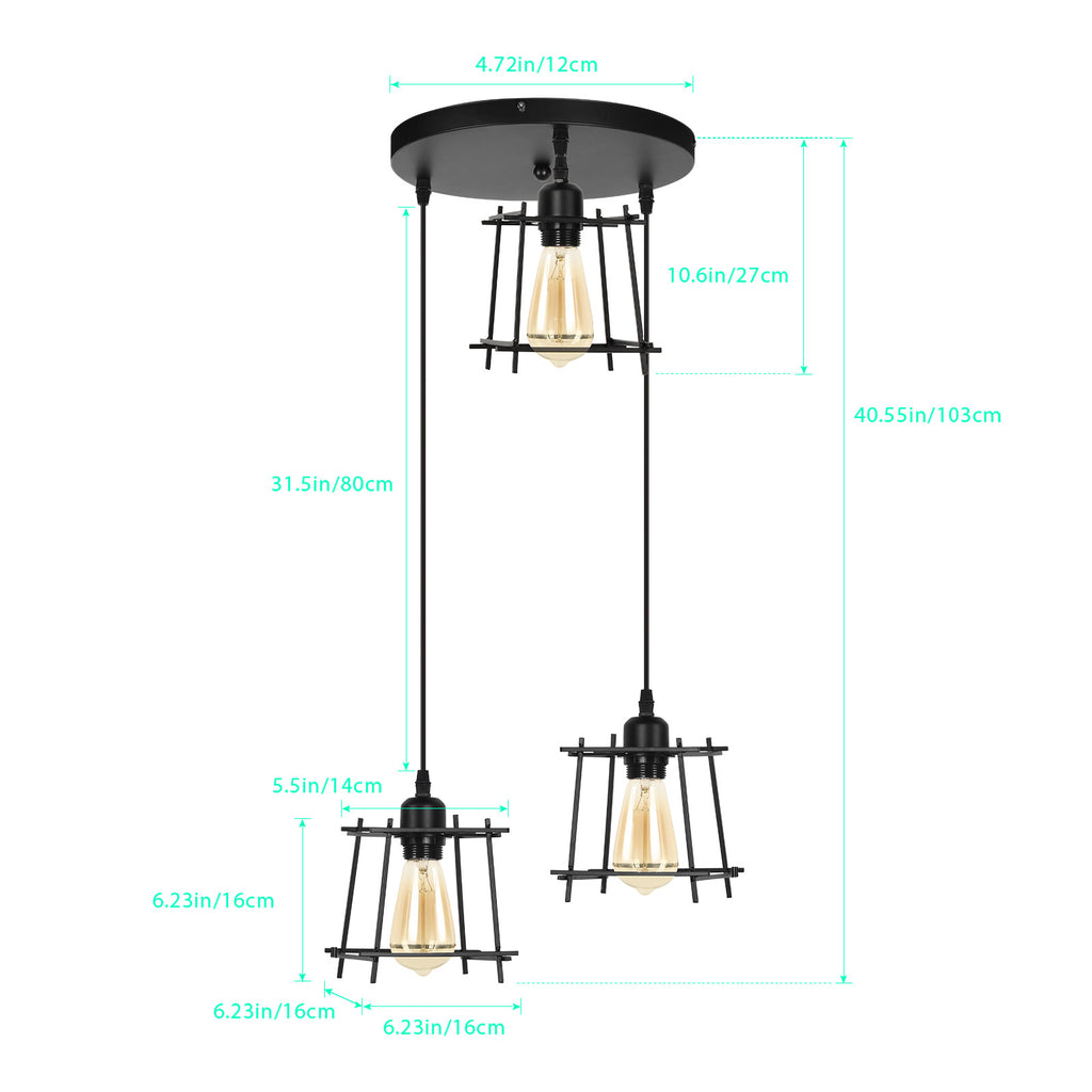 Farmhouse 3-Light Pendant Light Fixtures, Adjustable Industrial Hanging Pendant Lighting for Kitchen Island, Vintage Black Metal Cage Pendant Ceiling Lamp for Dining Room Bedroom